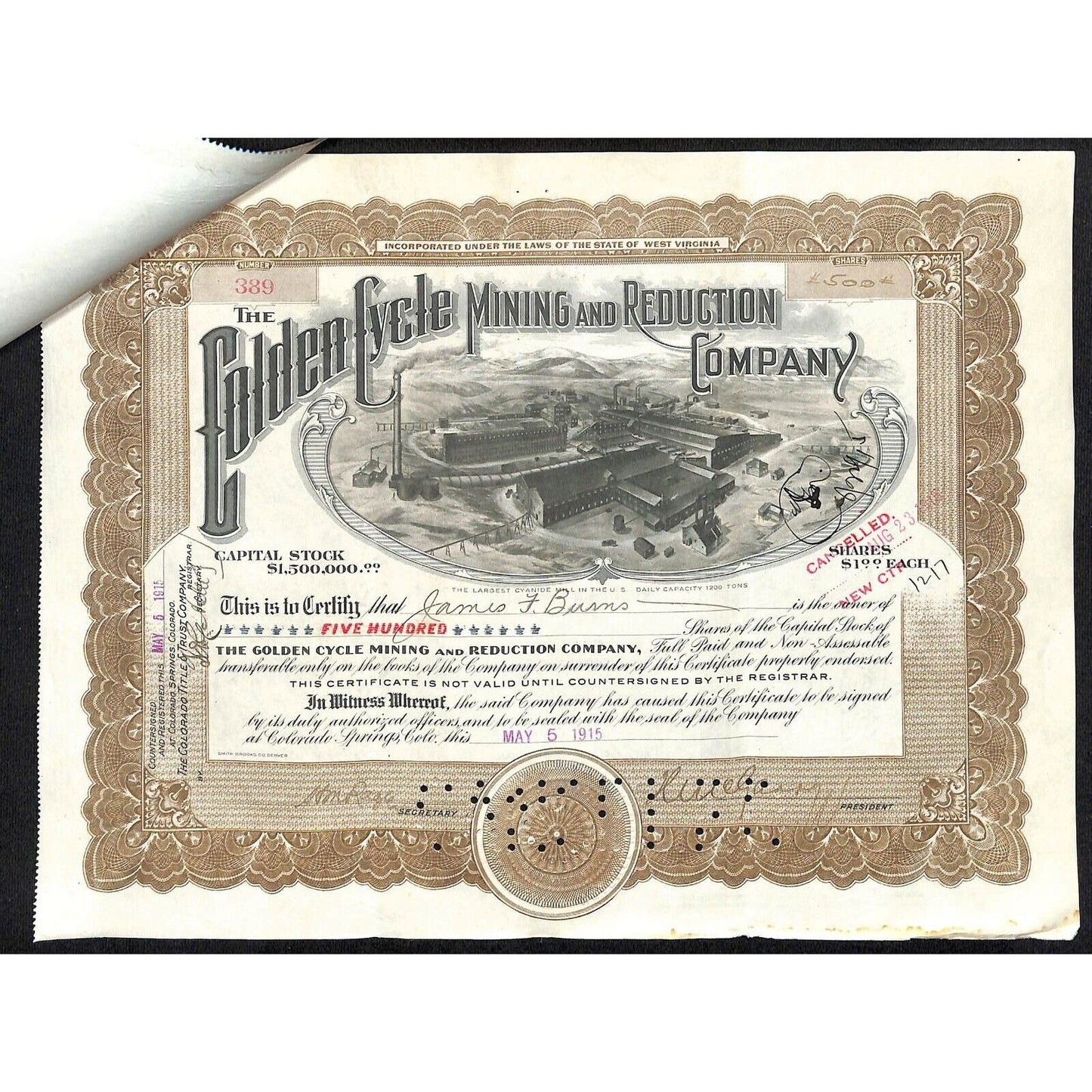 Golden Cycle Mining 1915 Stock Certificate w/ James F. Burns Sig. #389