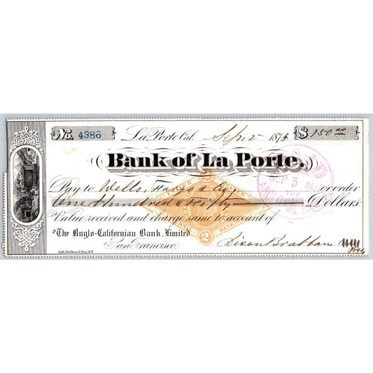Bank of La Porte Check Wells Fargo 1878 Mining Vignette RN-G1 Rev Stamp #4386