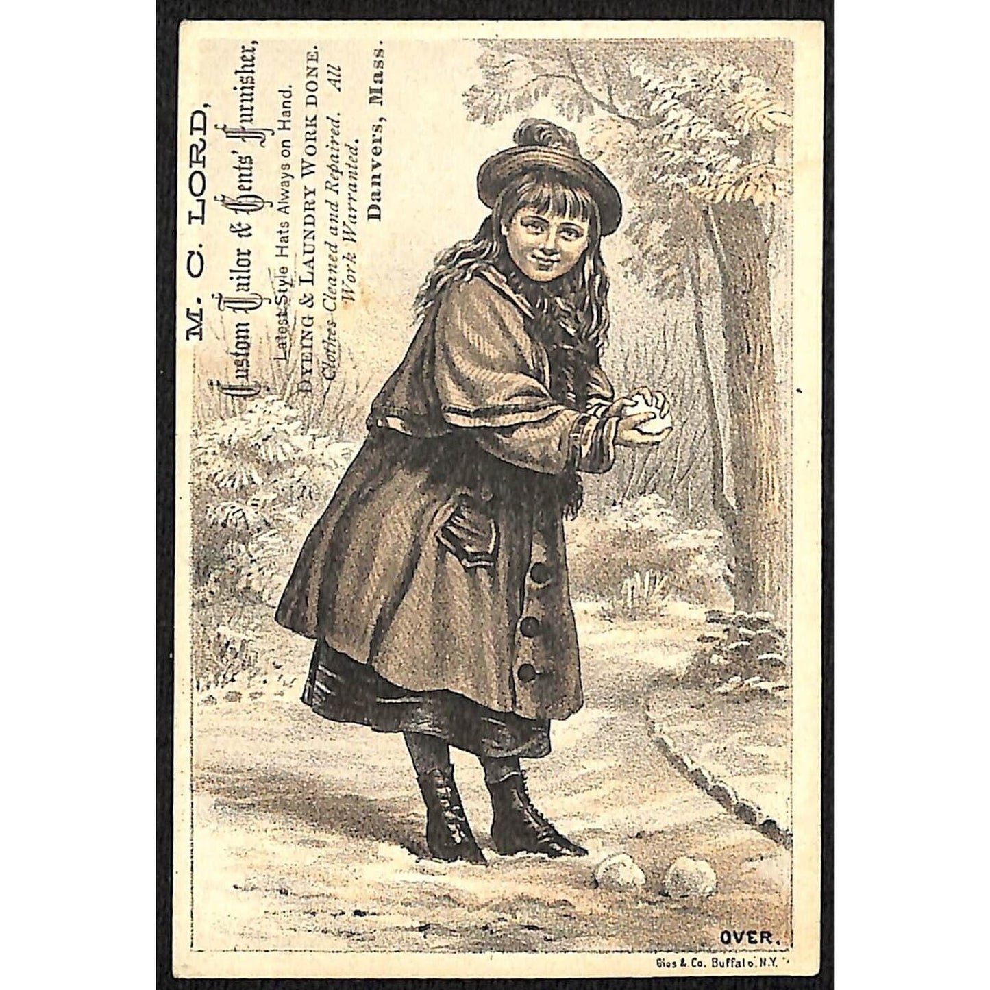 M. C. Lord Tailor Danvers MA Victorian Trade Card Girl Makes Snowball Looks at U