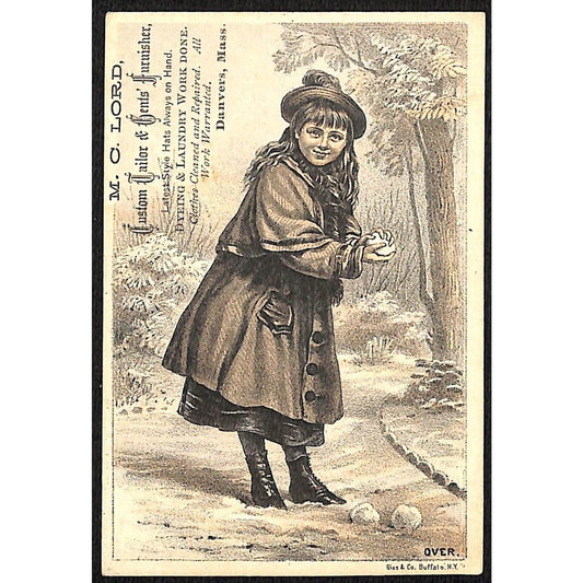 M. C. Lord Tailor Danvers MA Victorian Trade Card Girl Makes Snowball Looks at U