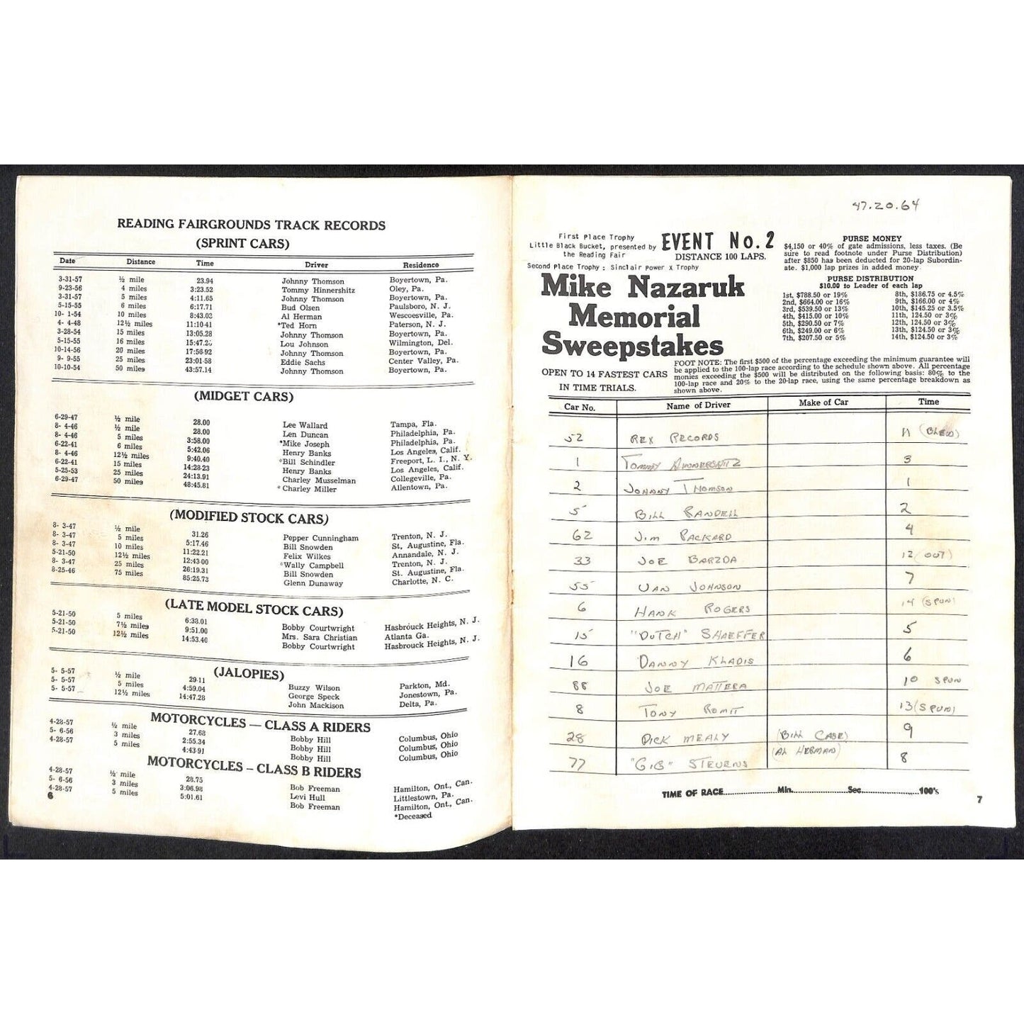 Reading Fairgrounds 1957 Mike Nazaruk Memorial Auto Race Program 12pp* Scarce