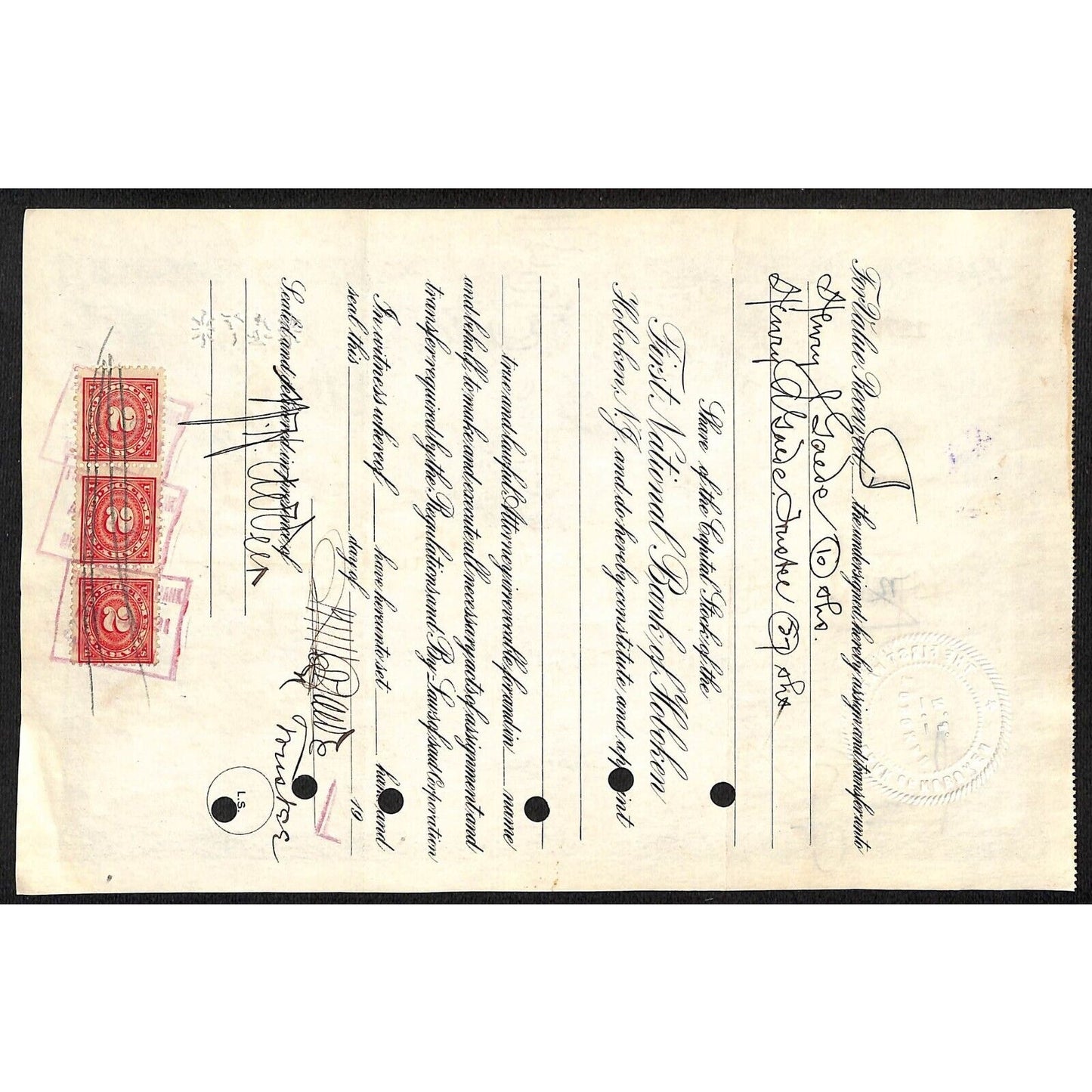 First National Bank of Hoboken NJ 1923 Stock Certificate Henry A. Gaede Trustee