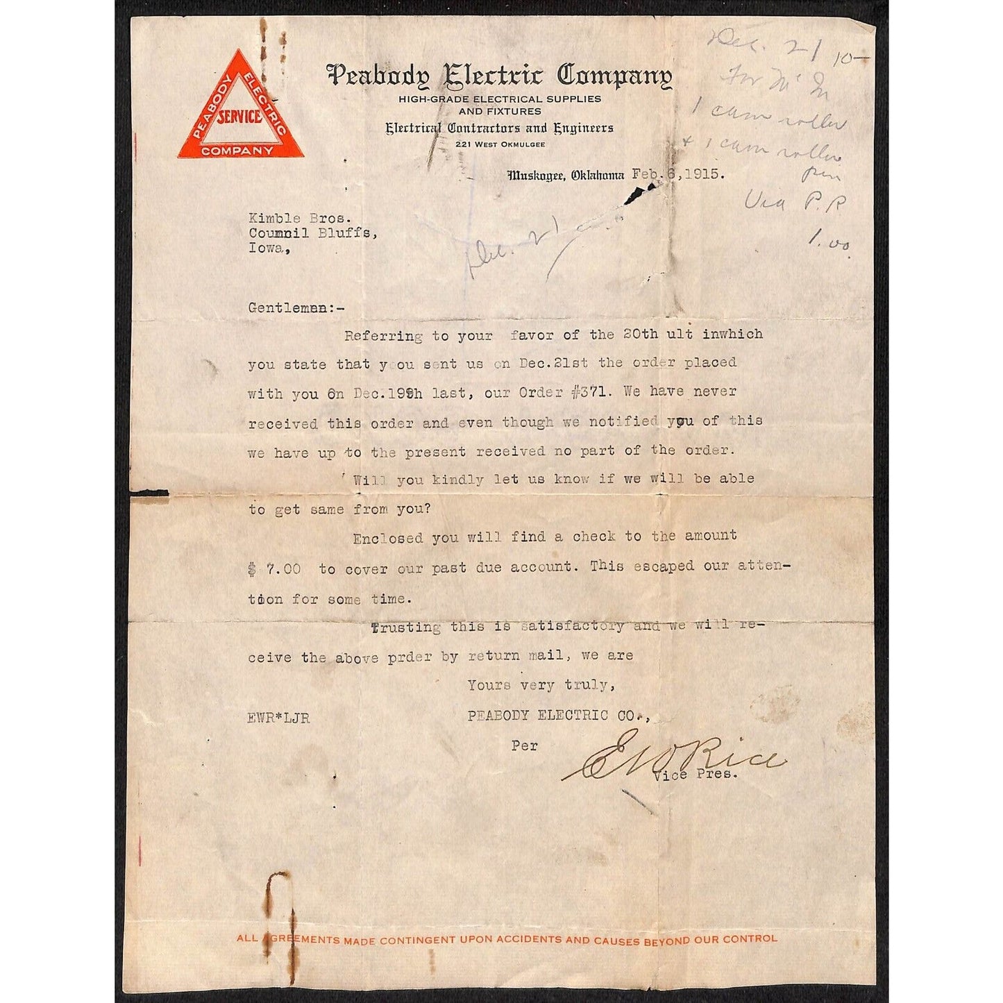 1915 Peabody Electric Company Contractors Muskogee, OK TLS Letterhead