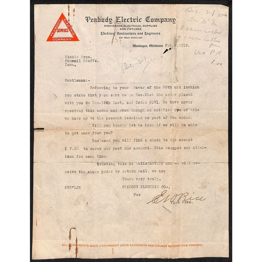 1915 Peabody Electric Company Contractors Muskogee, OK TLS Letterhead
