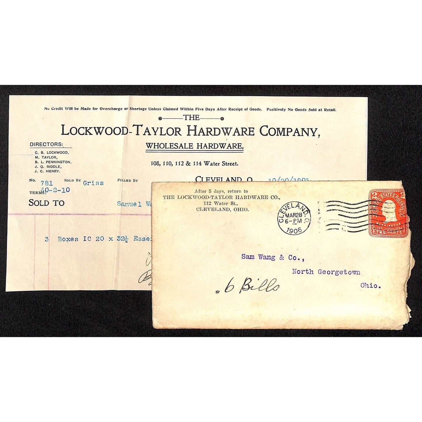 Lockwood-Taylor Hardware Samuel Wang Co* N. Georgetown 1903 Billhead 1906 Cover