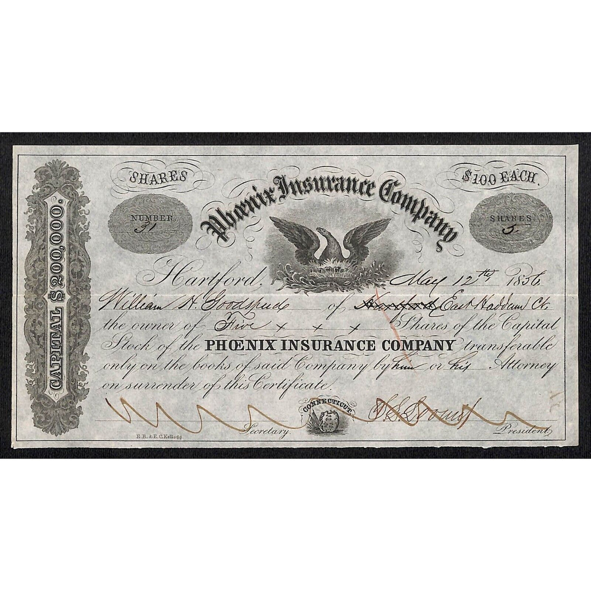 Phoenix Insurance Company Hartford, CT 1856 Stock Certificate W. H. Goodspeed *