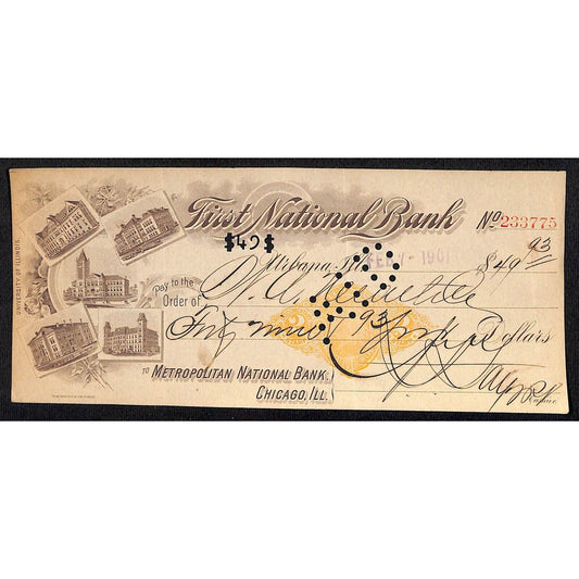 FNB Urbana, IL $49 1901 Bank Check Revenue Stamp w/ University Bldg. Vignettes