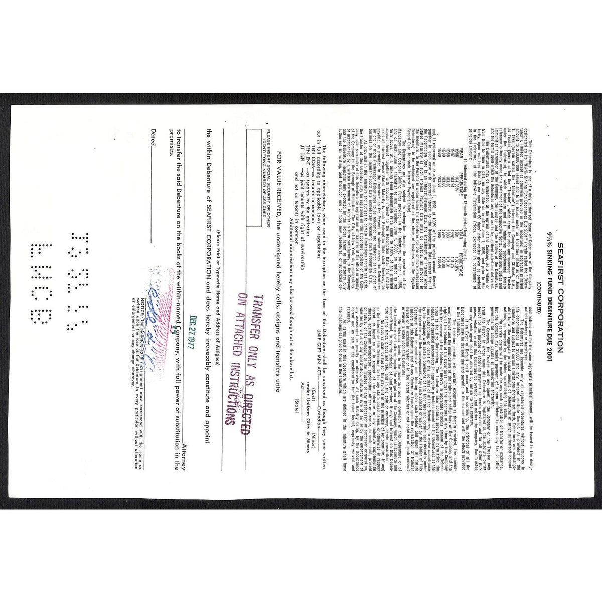 Seafirst Corp. Wisconsin 1977 Debenture Certificate City Skyline 10,000 Shares