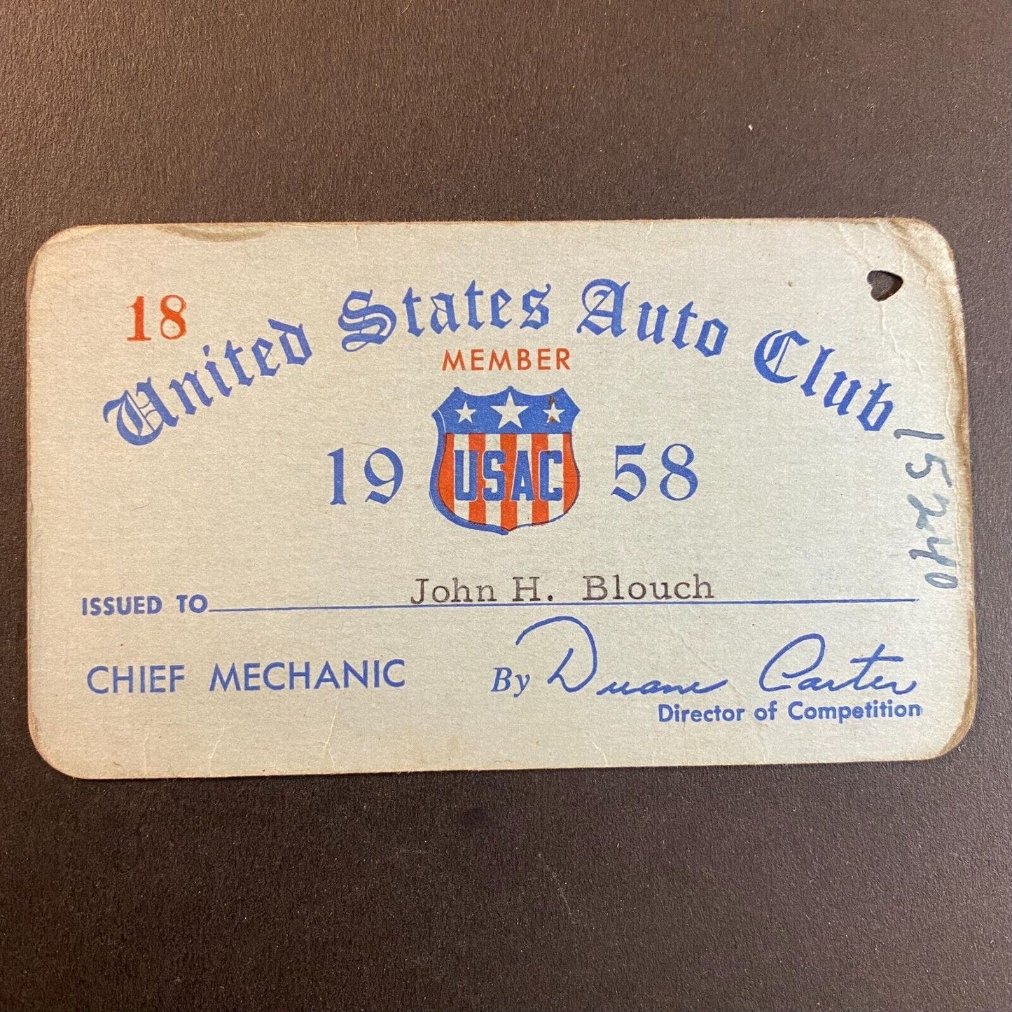 1958 USAC Chief Mechanic Membership Card "John H. Blouch" Signed - Scarce