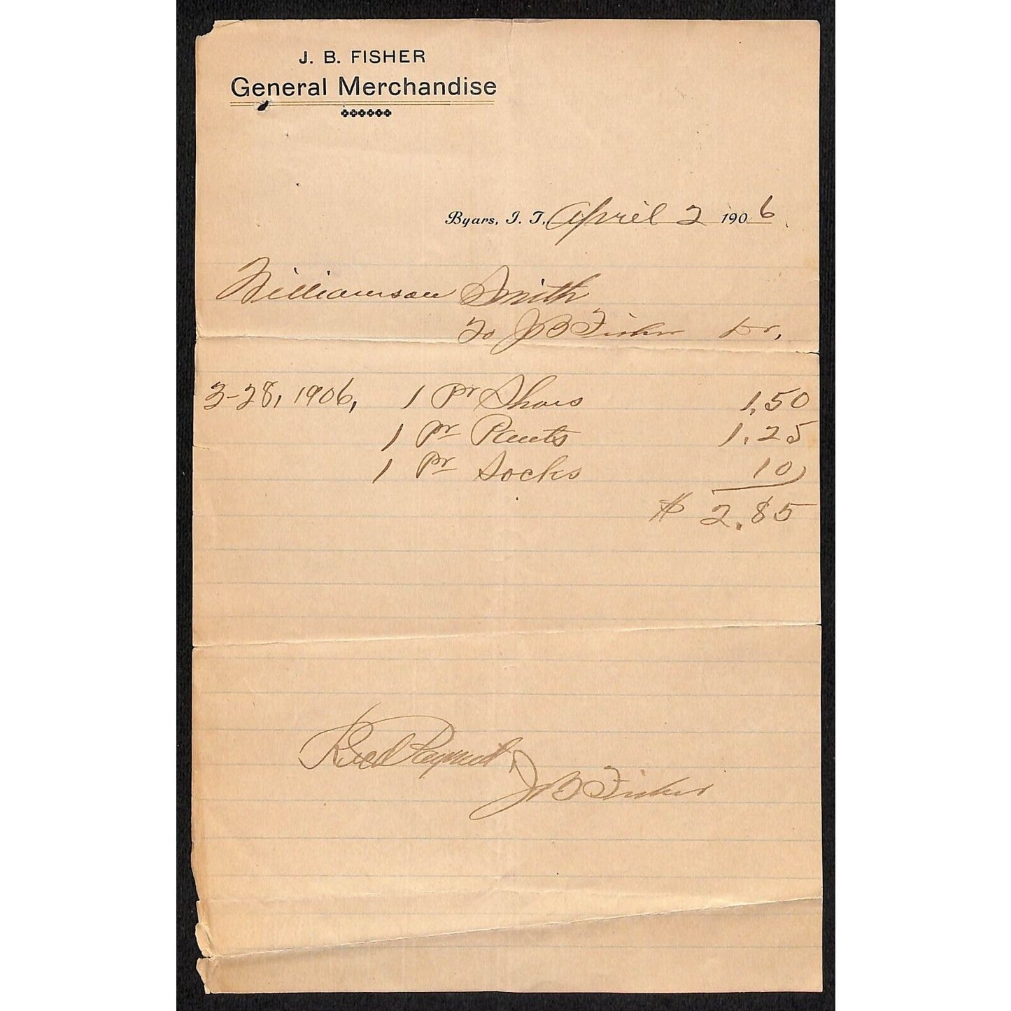 J.B. Fisher General Merchandise Byars, OK Indian Territory 1906 Billhead