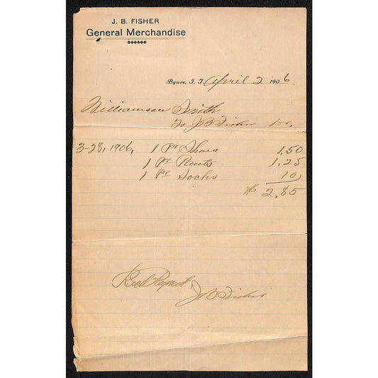 J.B. Fisher General Merchandise Byars, OK Indian Territory 1906 Billhead