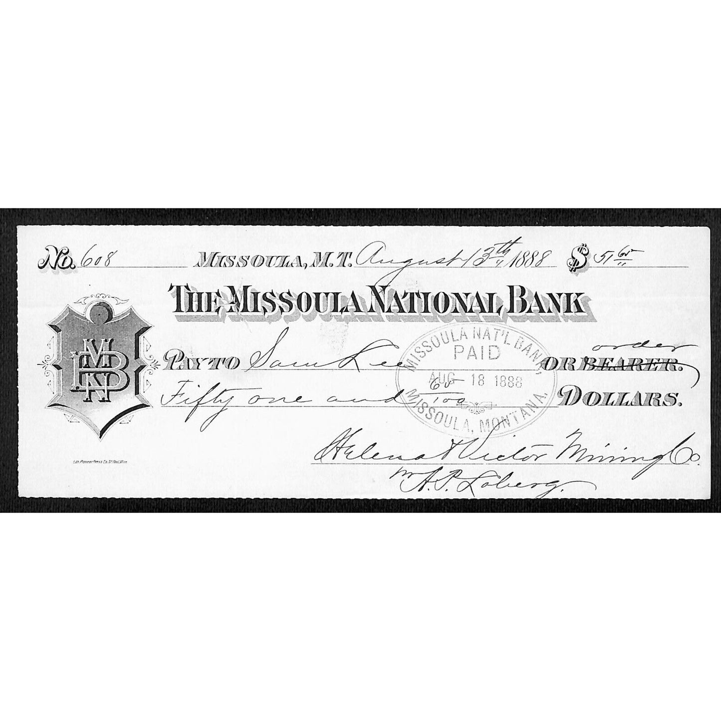 1888 Missoula National Bank Montana Territory Check Helena & Victor Mining #608
