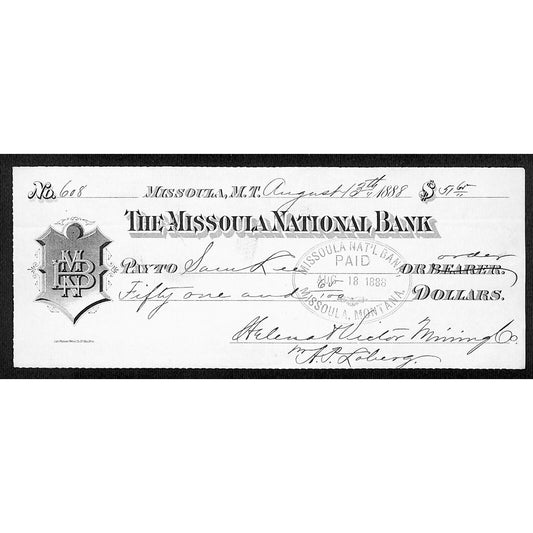 1888 Missoula National Bank Montana Territory Check Helena & Victor Mining #608