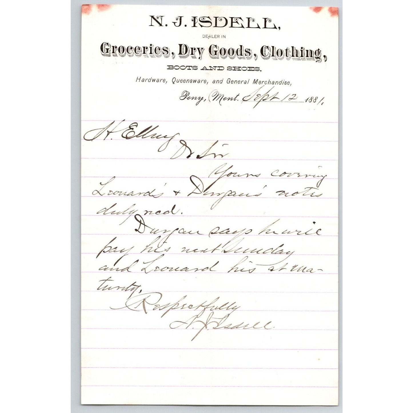 N.J. Isdell Pony, MT Dry Goods 9/12 1881 ALS Letterhead Henry Elling*