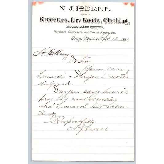 N.J. Isdell Pony, MT Dry Goods 9/12 1881 ALS Letterhead Henry Elling*