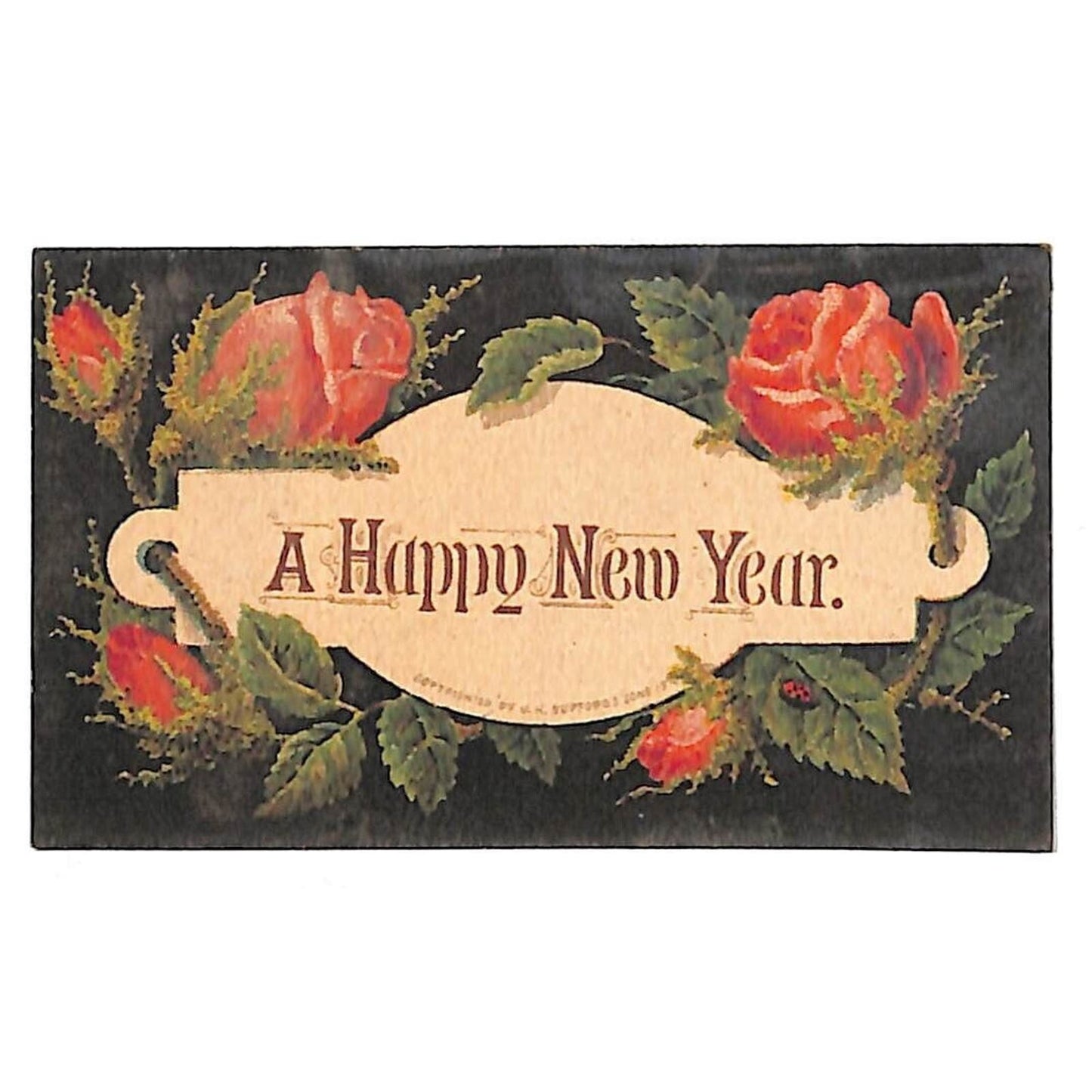 Happy New Year Victorian Trade Card Floral Roses Black VGC