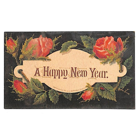 Happy New Year Victorian Trade Card Floral Roses Black VGC
