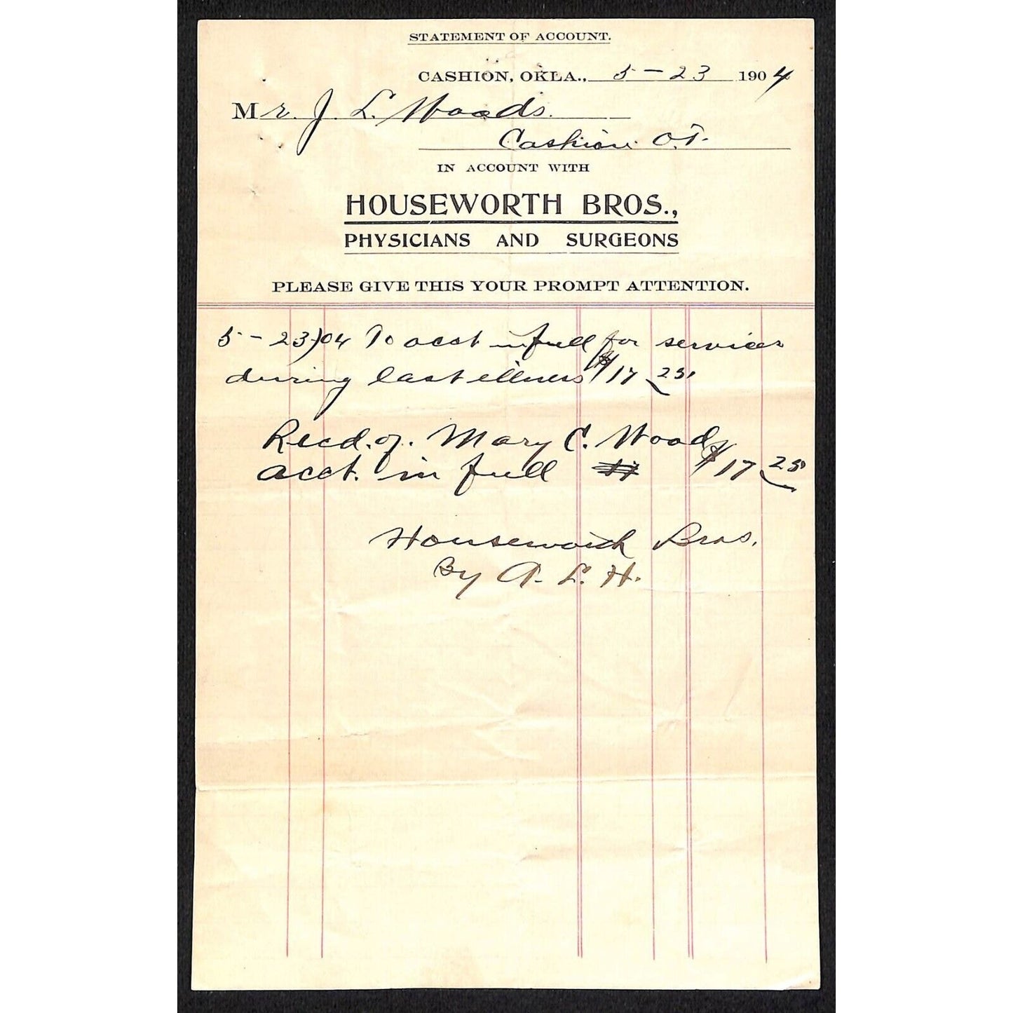 1904 Houseworth Bros. Physicians Surgeons Cashion, OK Territorial Statement