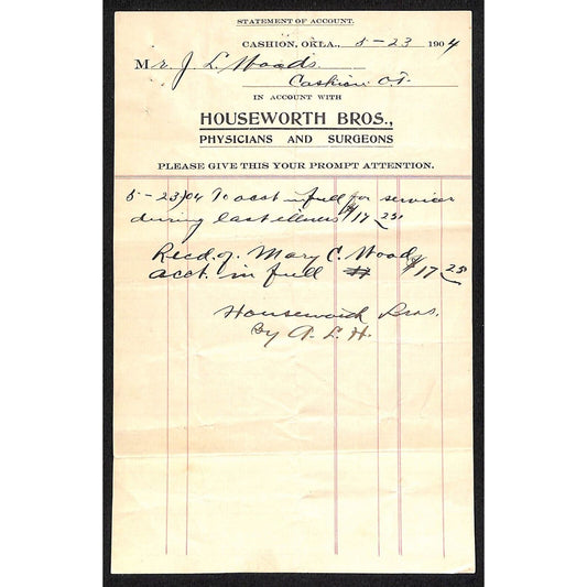1904 Houseworth Bros. Physicians Surgeons Cashion, OK Territorial Statement