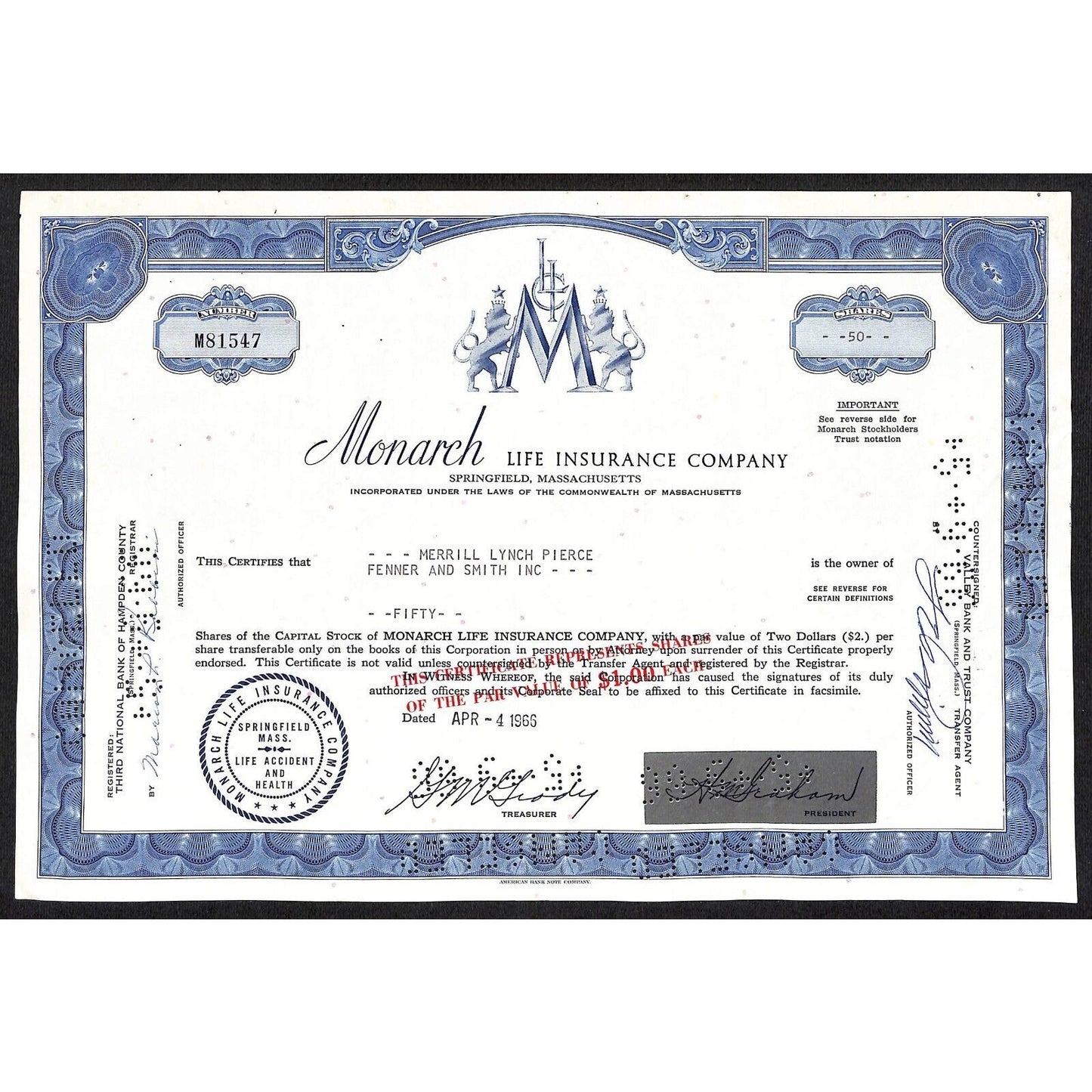 Monarch Life Insurance Co. Springfield, MA 1966 Stock Certificate