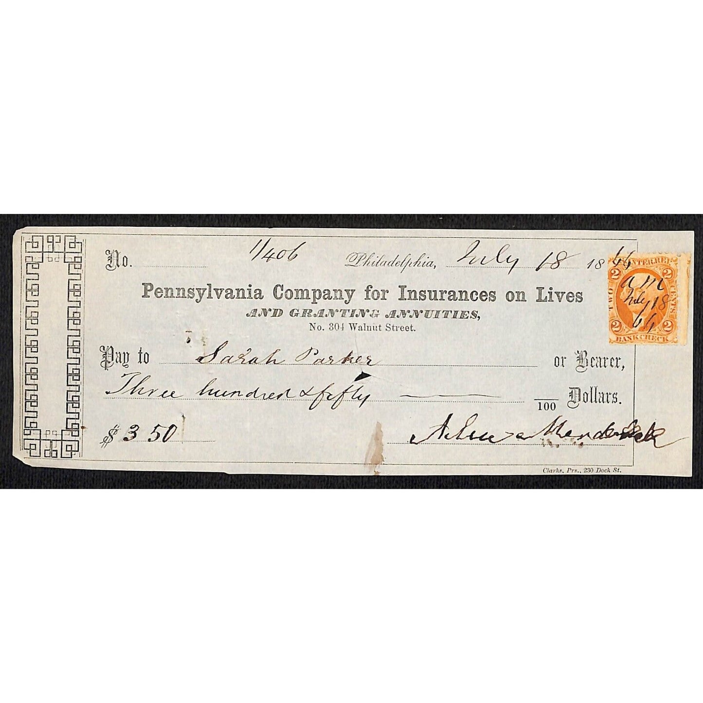 1866 Pennsylvania Co. for Insurances on Lives Check w/ Rev Stamp Sarah Parker
