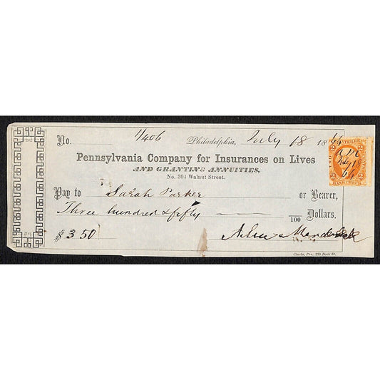 1866 Pennsylvania Co. for Insurances on Lives Check w/ Rev Stamp Sarah Parker