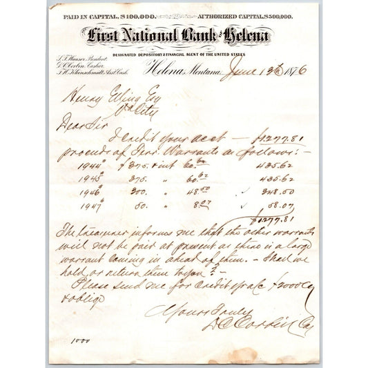 First National Bank of Helena 1876 ALS Letterhead Henry Elling* Virginia City