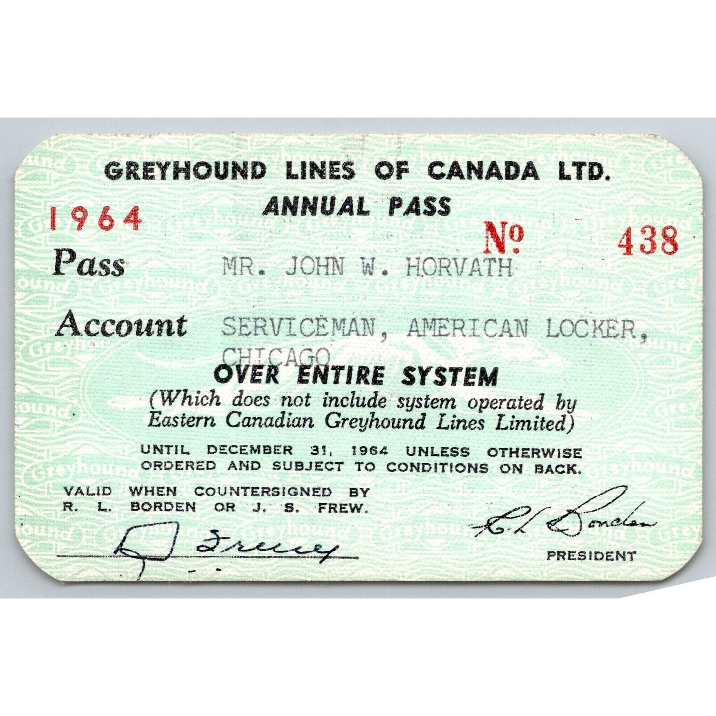 Greyhound Lines of Canada 1964 Annual / Yearly Bus Pass #438