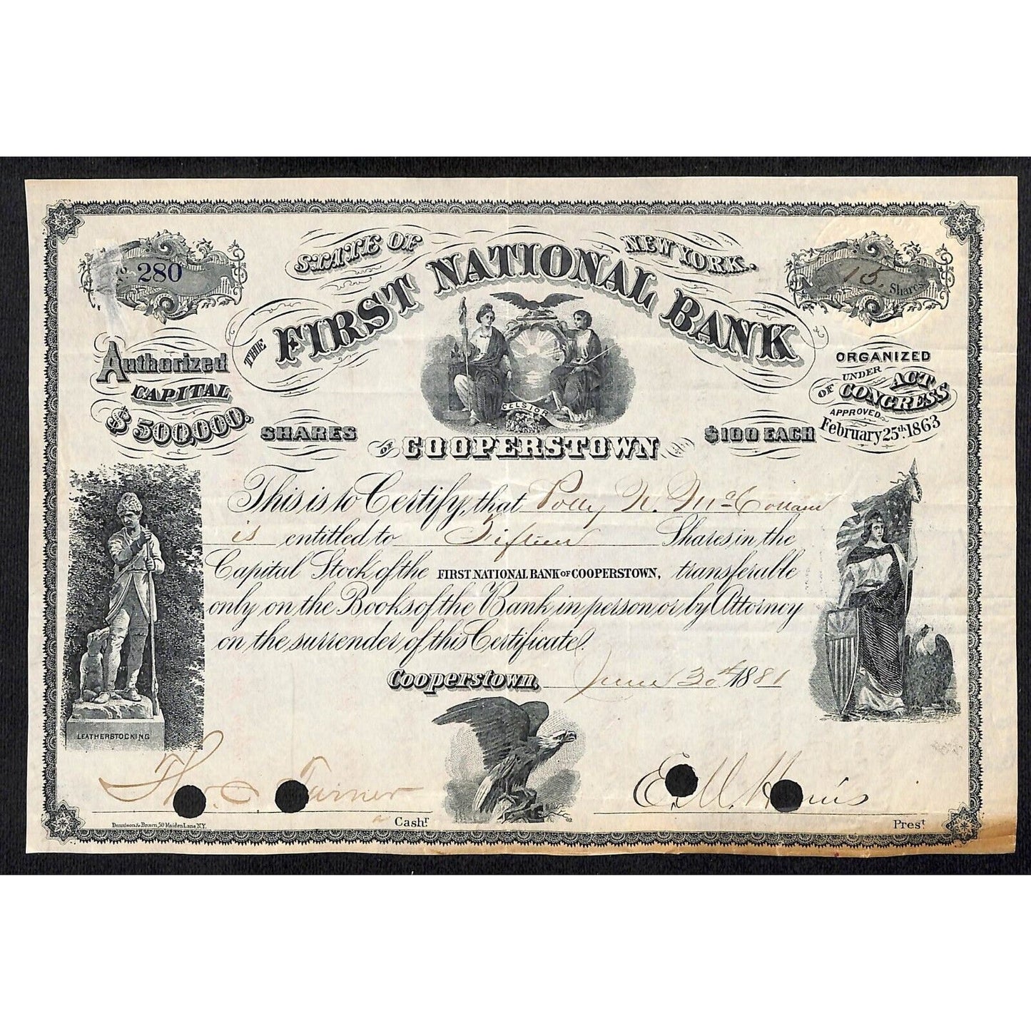 First National Bank of Cooperstown 1881 Stock Certificate Polly N. Mc Cullum