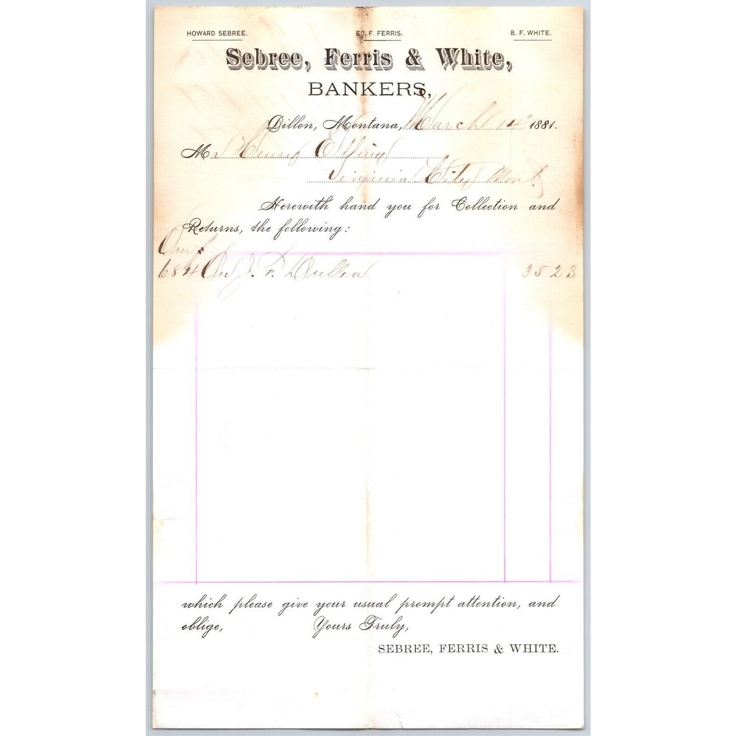 Sebree, Ferris & White Bankers Dillon, MT 3/14 1881 Statement Henry Elling*