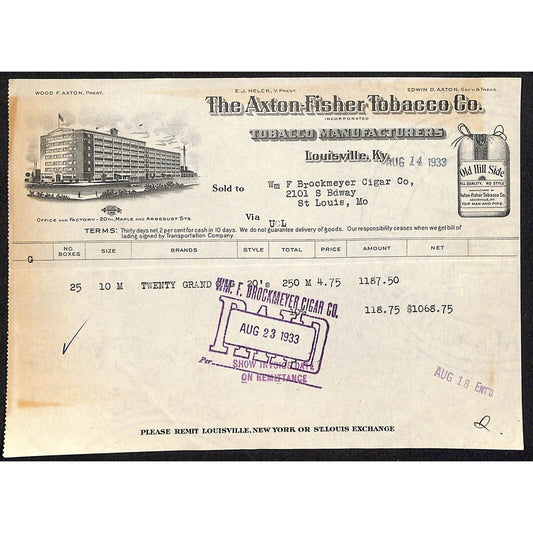 Louisville, KY The Axton-Fisher Tobacco Co. "Old Hill Side" 8/14 1933 Billhead