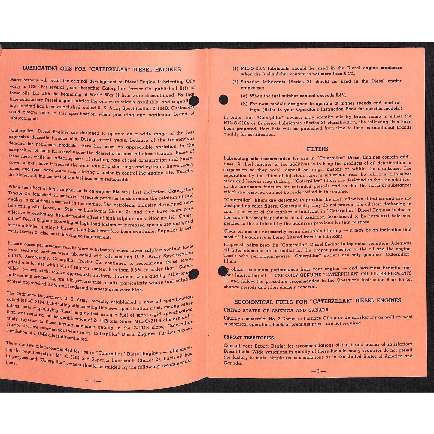 Lubricating Oils for Caterpillar Diesel Engines 1950 Guide / Dealer Booklet 7pp
