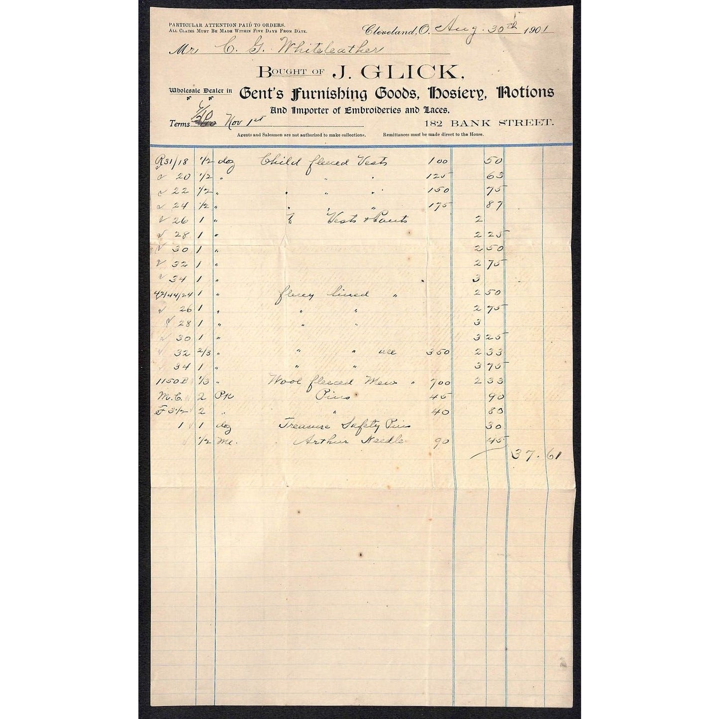 J. Glick Gent's Furnishing Cleve. 1901 Billhead Whiteleather* N. Georgetown OH