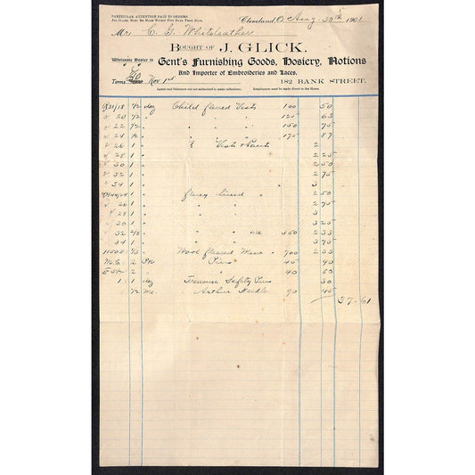 J. Glick Gent's Furnishing Cleve. 1901 Billhead Whiteleather* N. Georgetown OH