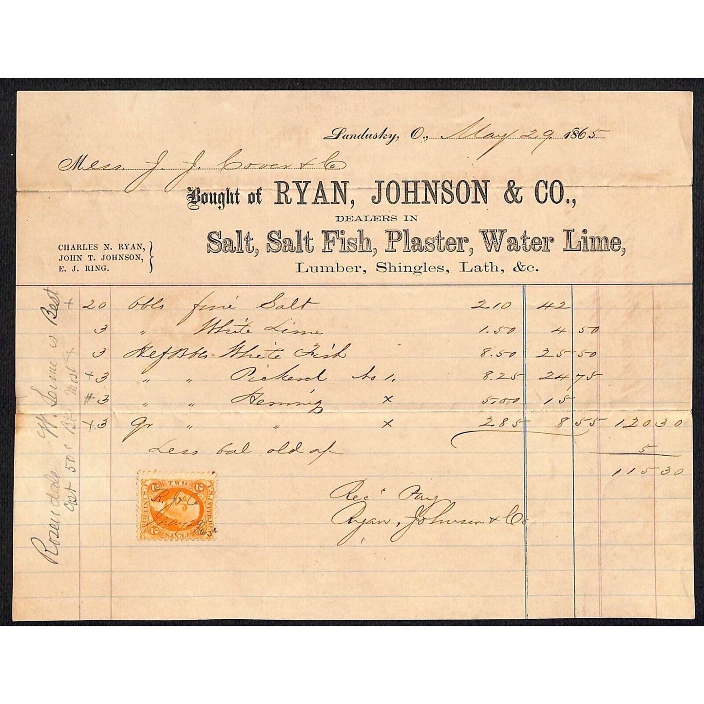 Ryan, Johnson & Co. Salt Fish Plaster Water Lime 1865 Sandusky, OH Billhead VGC