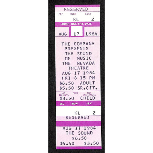 1984 Nevada Theatre "The Sound of Music" Ticket - Seat 2 VGC