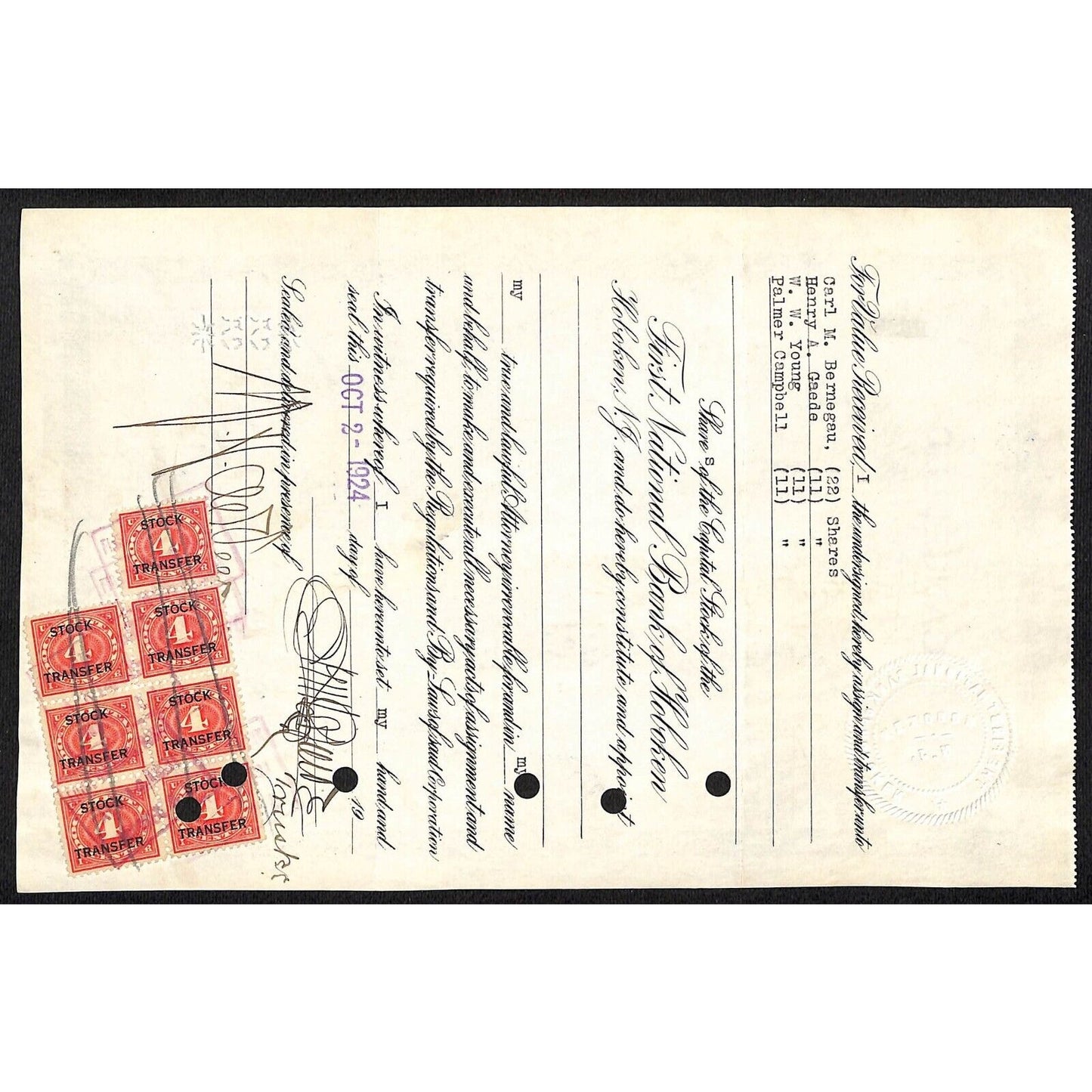 First National Bank of Hoboken NJ 1924 Stock Certificate Henry A. Gaede Trustee