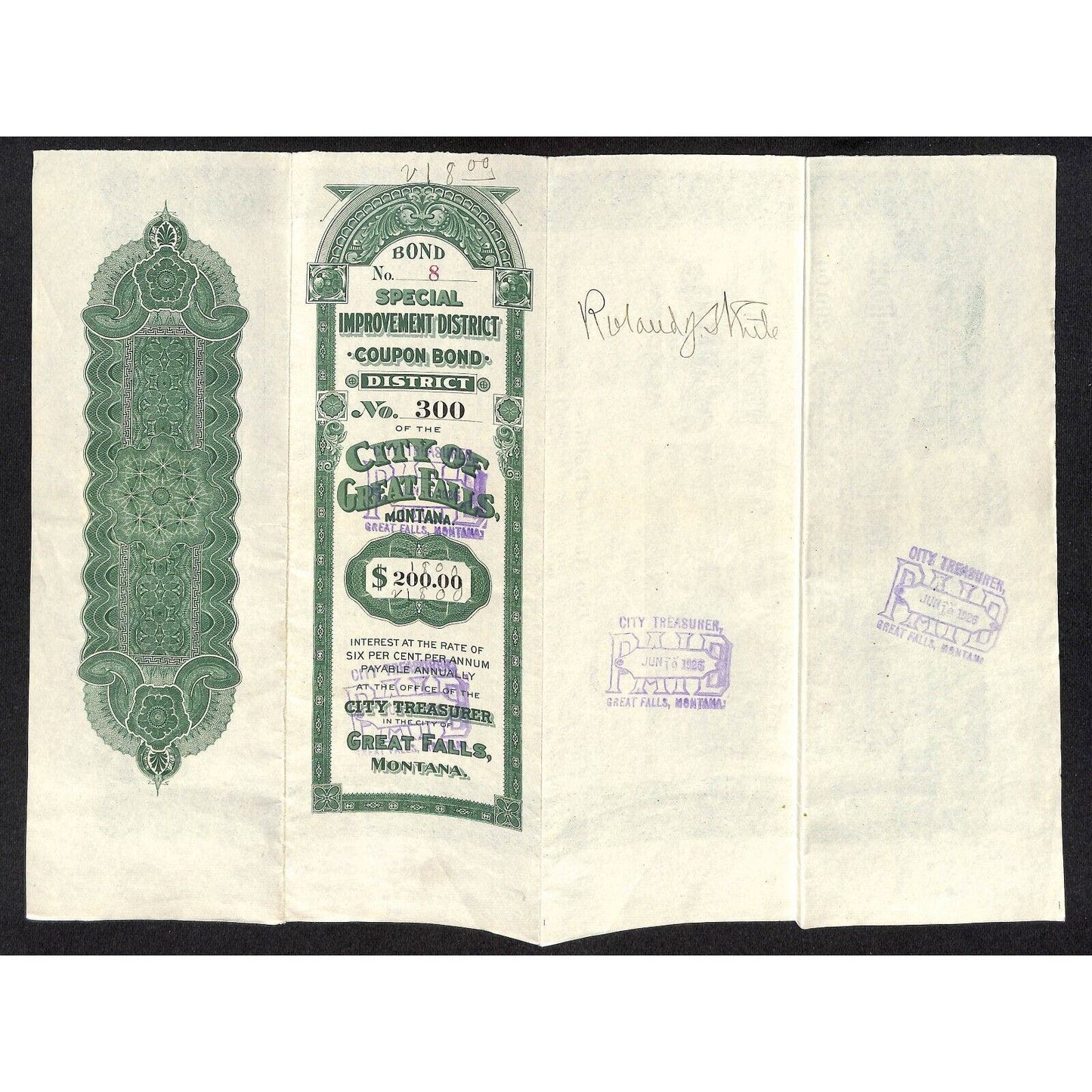 Great Falls Montana 1917 $200 Bond for Special Improvements VGC Waterfall Vig.