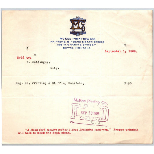 Butte, MT McKee Printing Co. Printers Binders Stationers 1908 Billhead