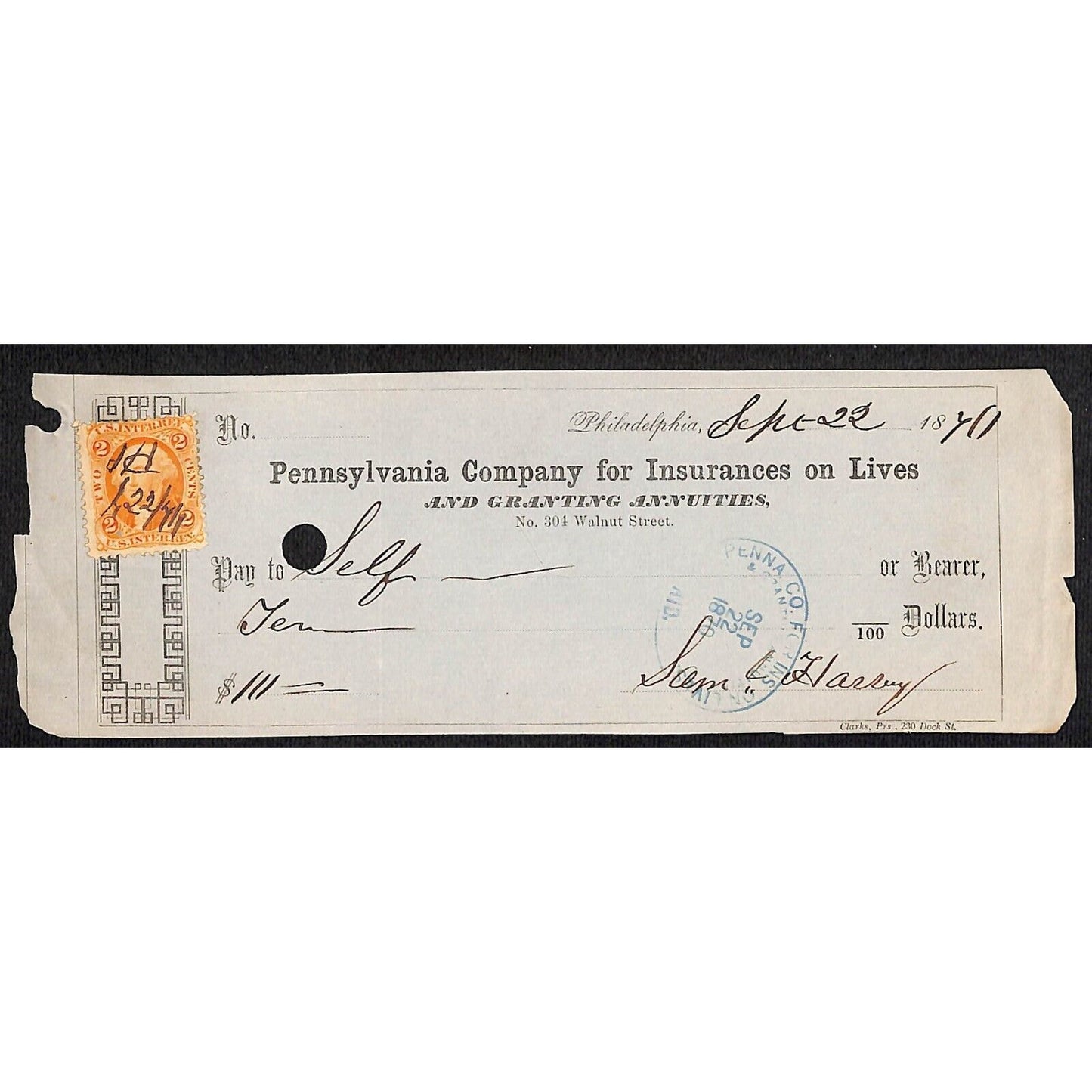 1870 Pennsylvania Company for Insurances on Lives w/ Rev Stamp "Self" $10
