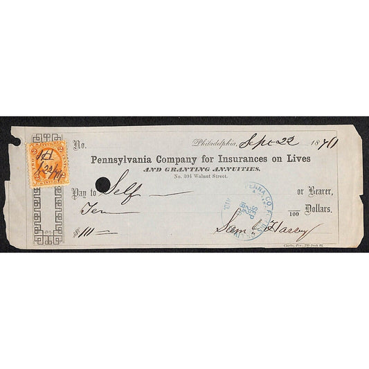 1870 Pennsylvania Company for Insurances on Lives w/ Rev Stamp "Self" $10