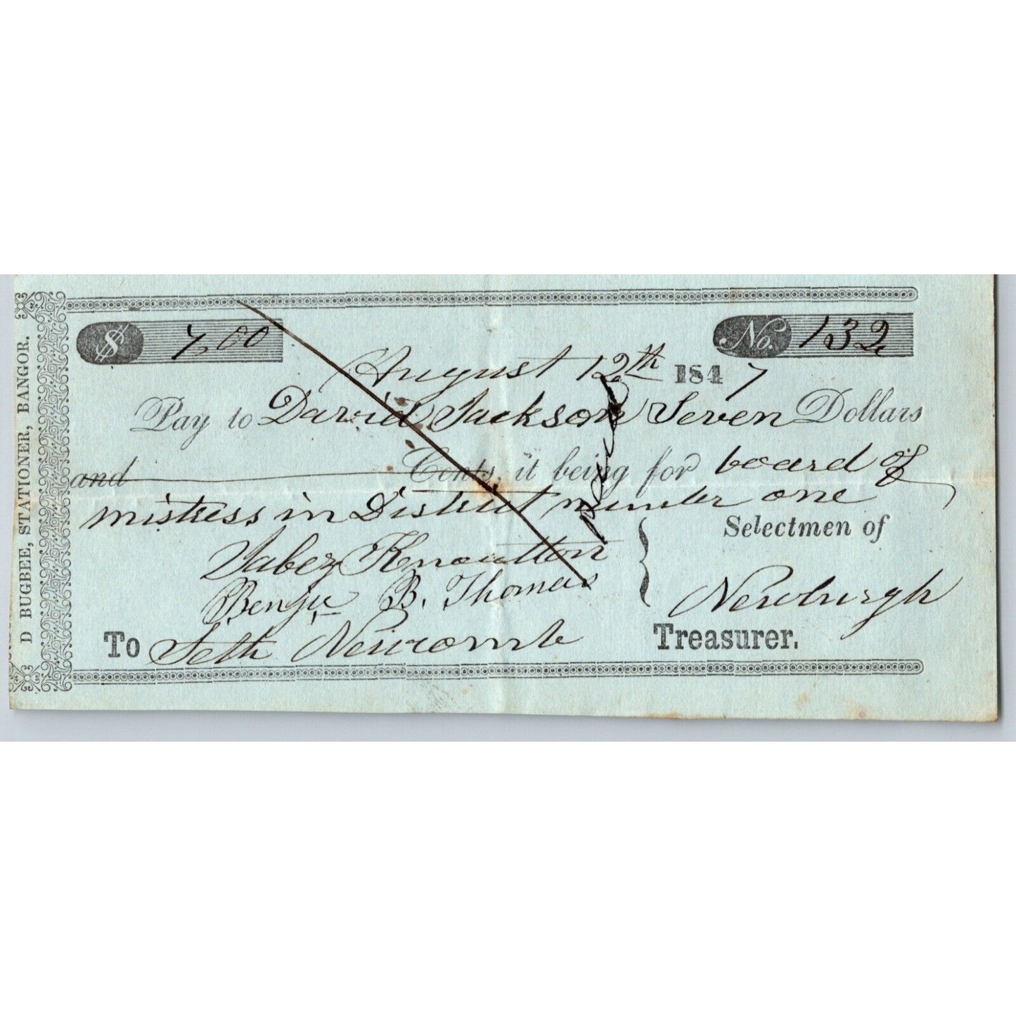1847 Jabez Knowlton* Newburgh ME Town Check David Jackson "Board of Mistress"