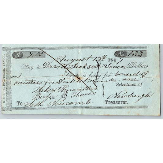 1847 Jabez Knowlton* Newburgh ME Town Check David Jackson "Board of Mistress"