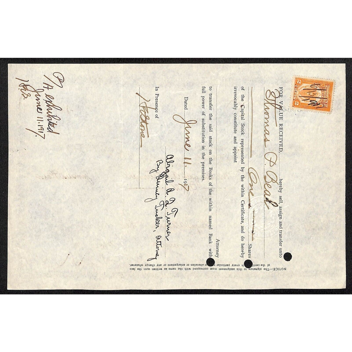 Second National Bank of Boston 1917 Stock Certificate to Abigail A.L. Turner