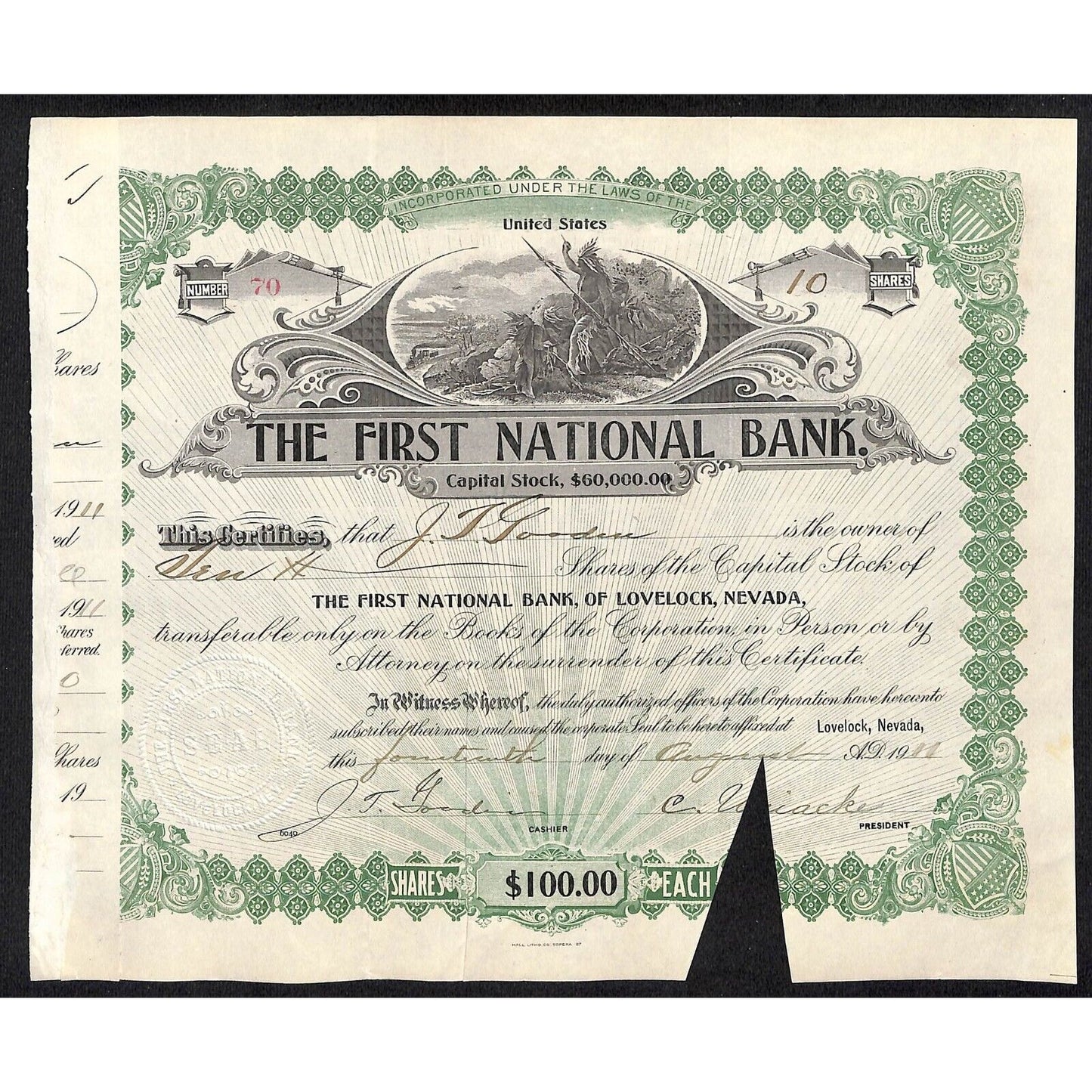 First National Bank of Lovelock, NV 1911 Stock Certificate to J.T. Goodin *