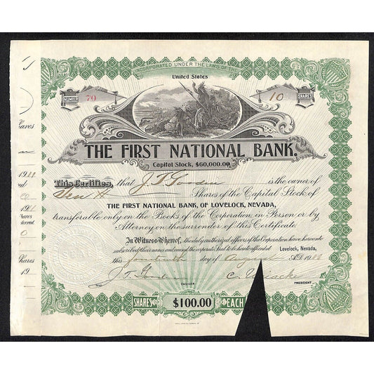 First National Bank of Lovelock, NV 1911 Stock Certificate to J.T. Goodin *