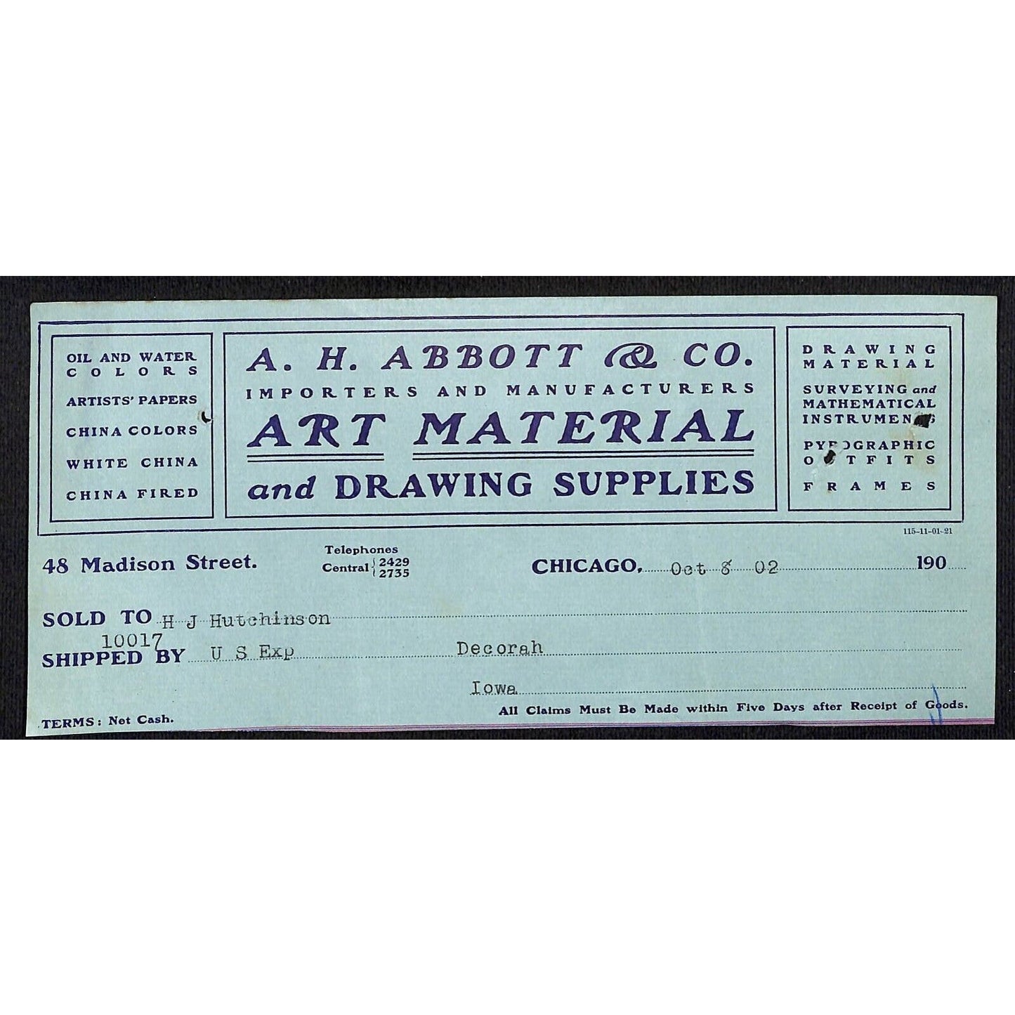 A.H. Abbott & Co. Drawing Supplies Hutchinson Decorah IA* Cut 1902 Billhead