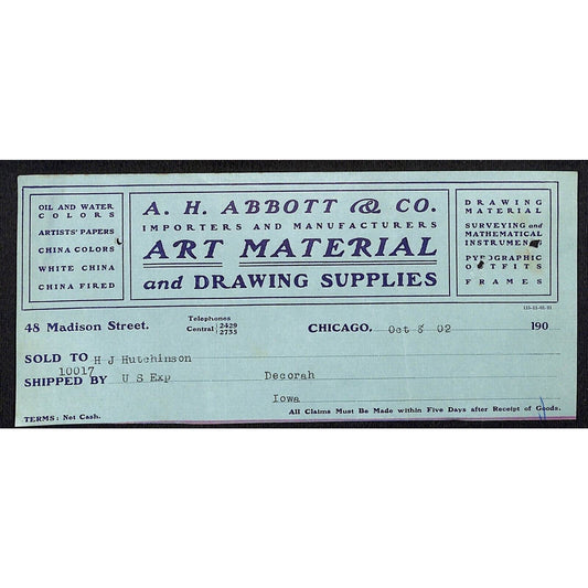 A.H. Abbott & Co. Drawing Supplies Hutchinson Decorah IA* Cut 1902 Billhead