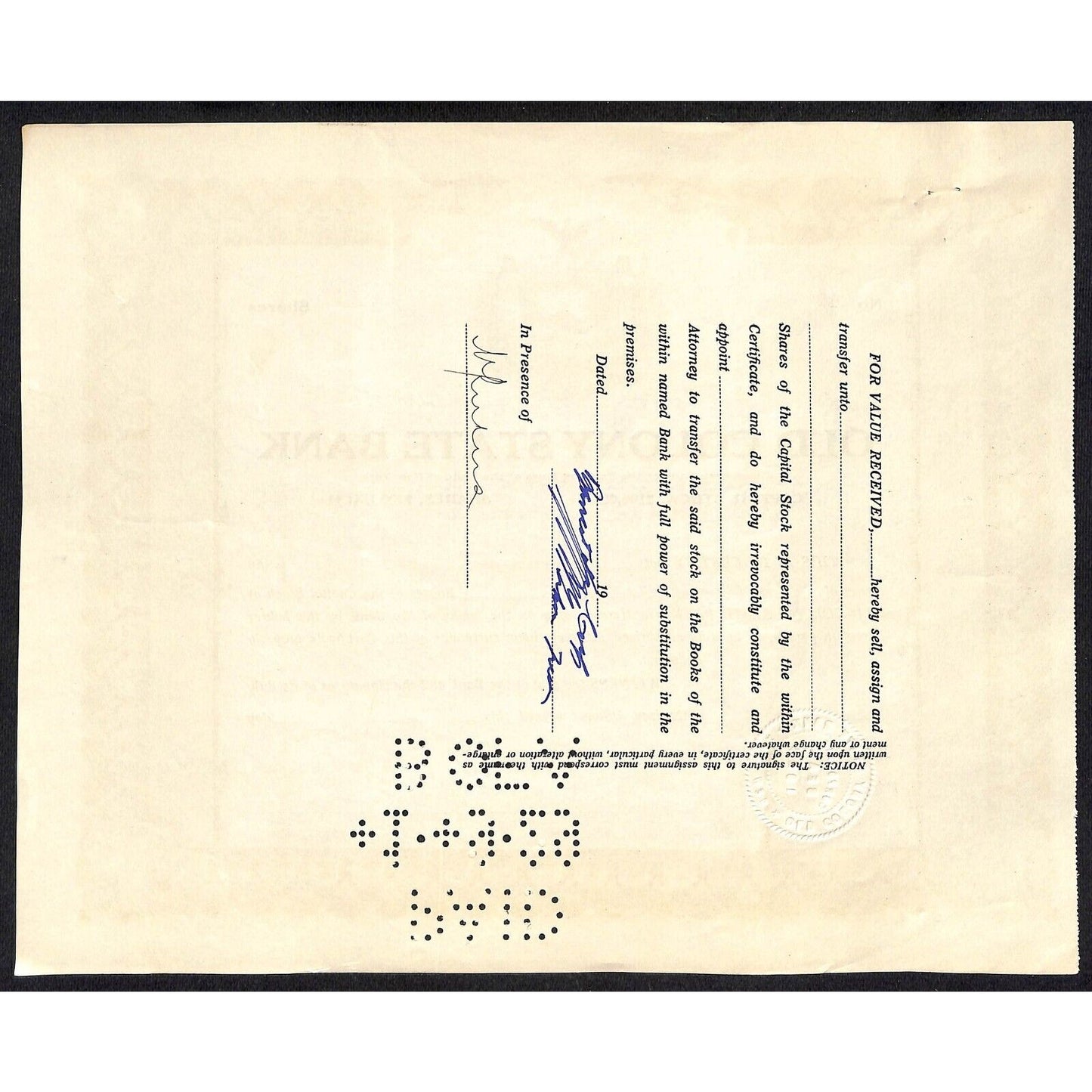 Old Colony State Bank NY 1925 Stock Certificate to ??? #40 Scarce