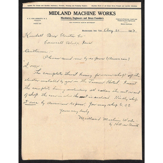 1907 Midland Machine Works Indian Territory Muskogee, OK ALS Letterhead